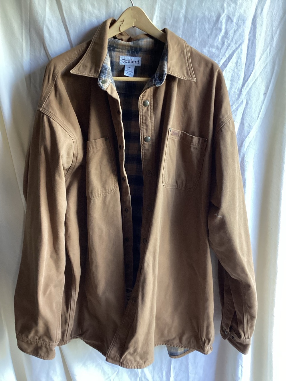 Carhartt Brown Work Shirt Jacket with Plaid Lining